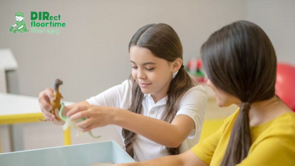 Young girl playing with plastic animal toys during a behavioral therapy session for ADHD with her therapist.