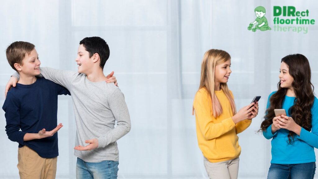 Children form small groups in a classroom, engaging in focused interactions during a DIR Floortime activity.