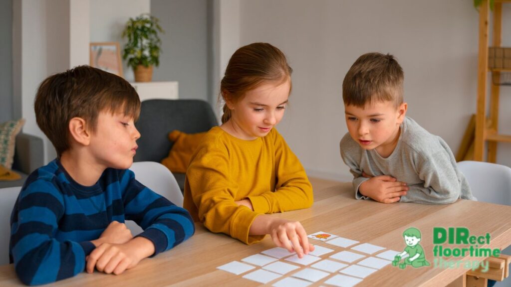 A young girl works on card puzzles at a table while her companions watch curiously, illustrating brain games for kids.