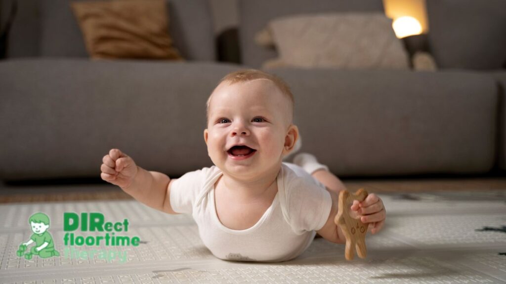 A 6-month-old delights in tummy time, giggling and exploring the world with bright, joyful eyes.