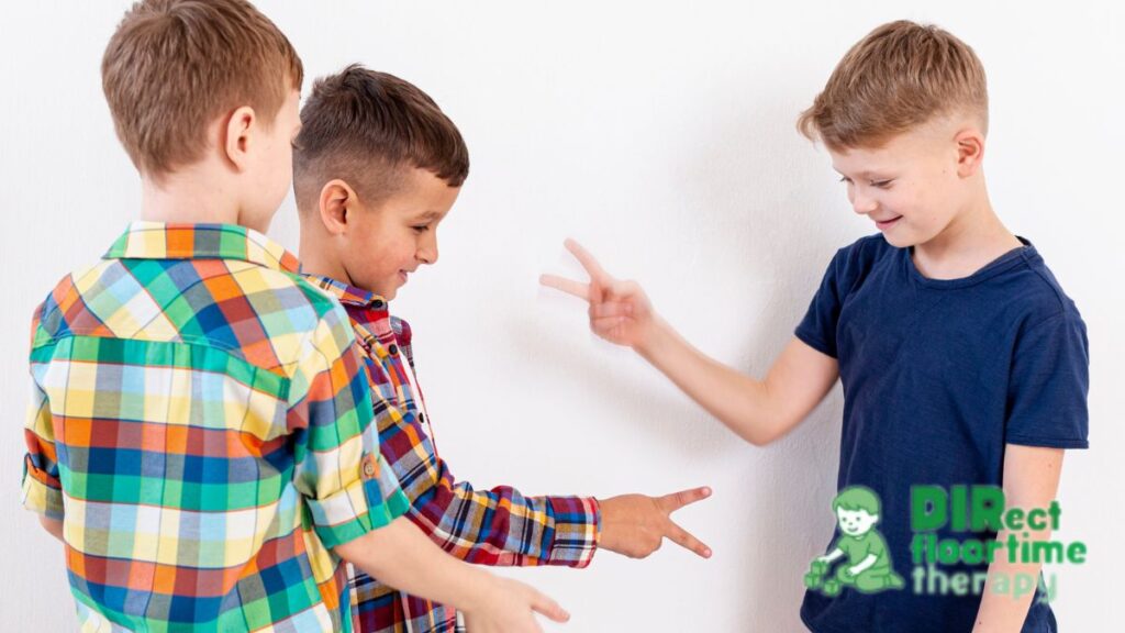 A group of three children play Simon Says in a white room, representing brain games for kids.