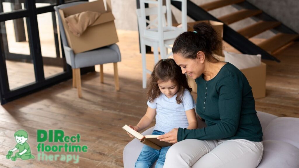 School readiness autism, a parent guiding their child in reading while sitting on a sofa.