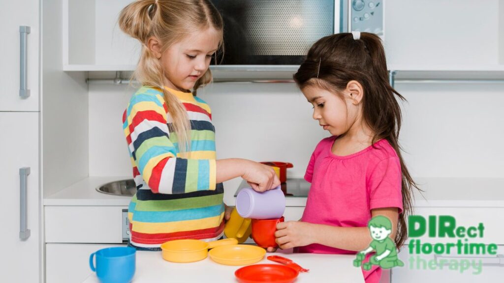 Picky eater autism, two children engaged in a pretend cooking project with plastic toys and play food.