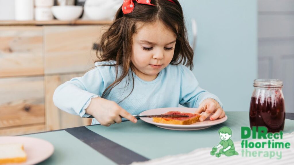 Picky eater autism, a young girl cooperates during breakfast, eating her food enthusiastically.