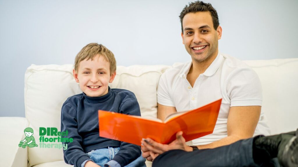 Father reading with child during autism therapy session in New Jersey, supporting early childhood communication and developmental growth through DIRFloortime therapy