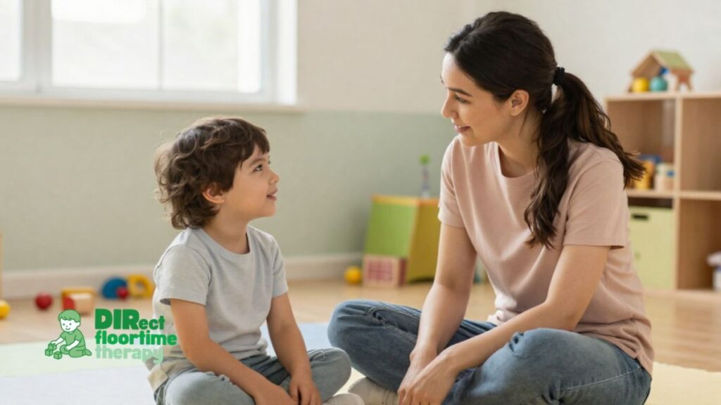 Why My Autistic Child Won't Make Eye Contact and What DIR/Floortime Says to Do Instead of Forcing It 1 A therapist or parent at eye level with a child during play, child looking toward but not directly at the face
