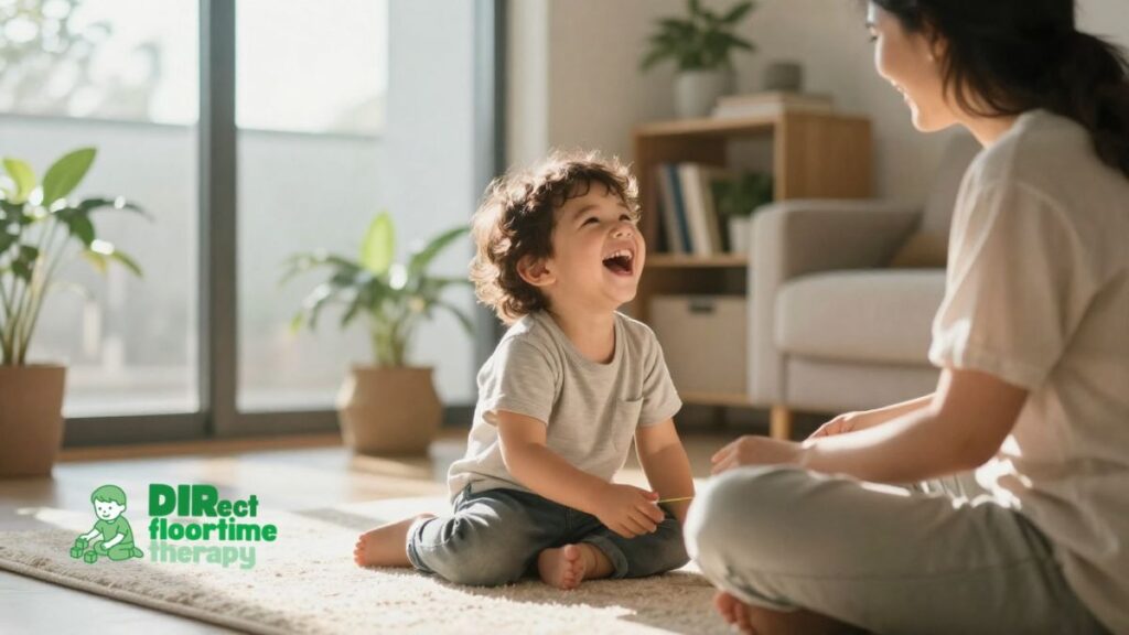 Why My Autistic Child Won't Make Eye Contact and What DIR/Floortime Says to Do Instead of Forcing It 2 A child laughing naturally during play, glancing up at a caregiver with spontaneous joy