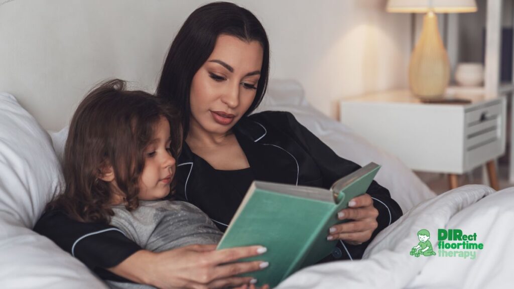 Parent reading to child in bed, warm bedside lamp light, calm and peaceful. Child looks relaxed and safe. Conveys the connection and warmth that makes bedtime transitions easier