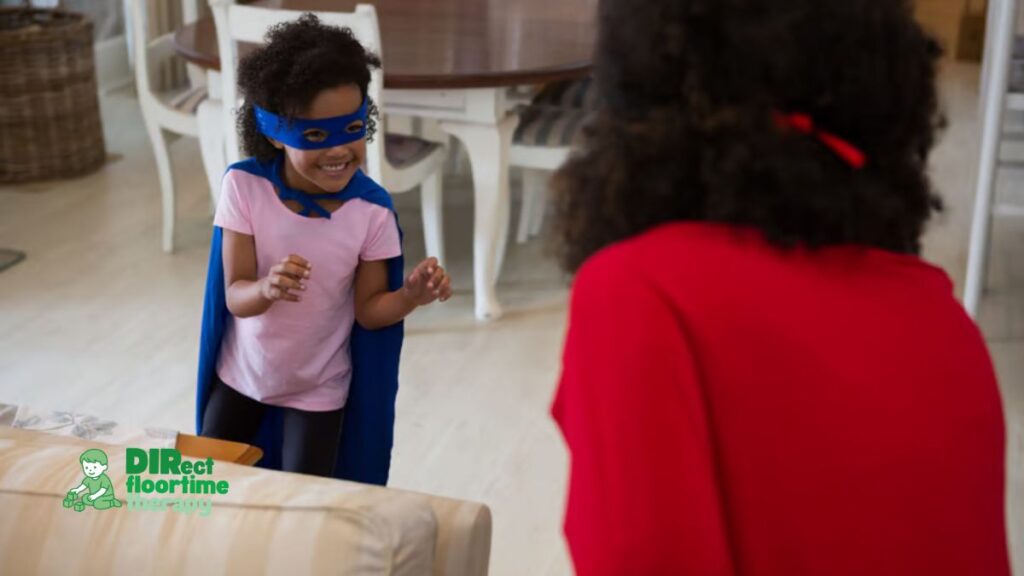 A child deeply engaged in imaginative role play, using props and adopting a character, with a parent or sibling participating alongside them in a home setting child imaginative role play home parent participating autism PDA creative Pathological Demand Avoidance

