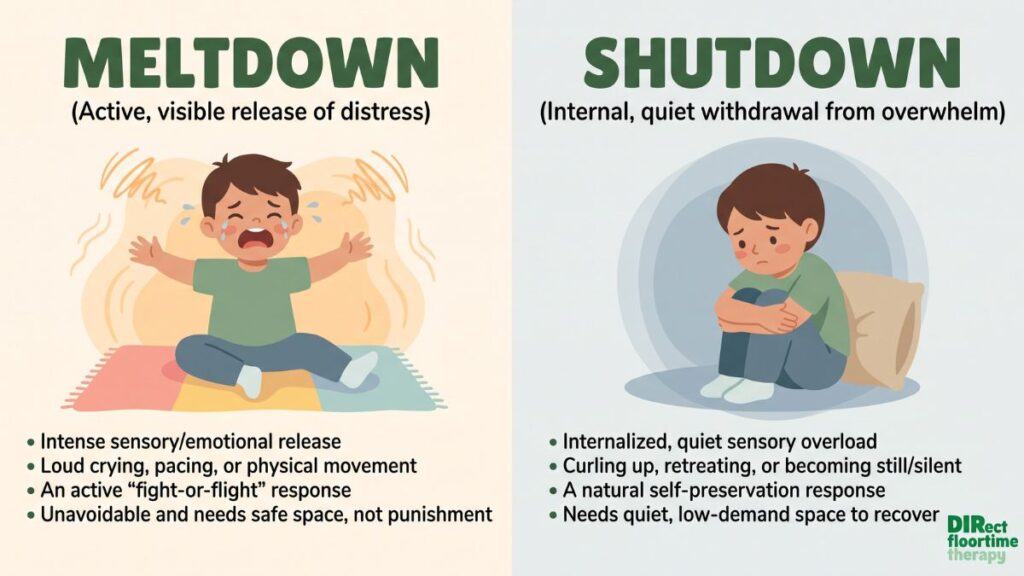  A split visual or side-by-side illustration contrasting the two states. Left side: a child mid-meltdown (expressive, arms out, tears). Right side: a child mid-shutdown (curled inward, still, eyes down). Clean, compassionate illustration style with no harsh detail. This works well as an infographic-style image.