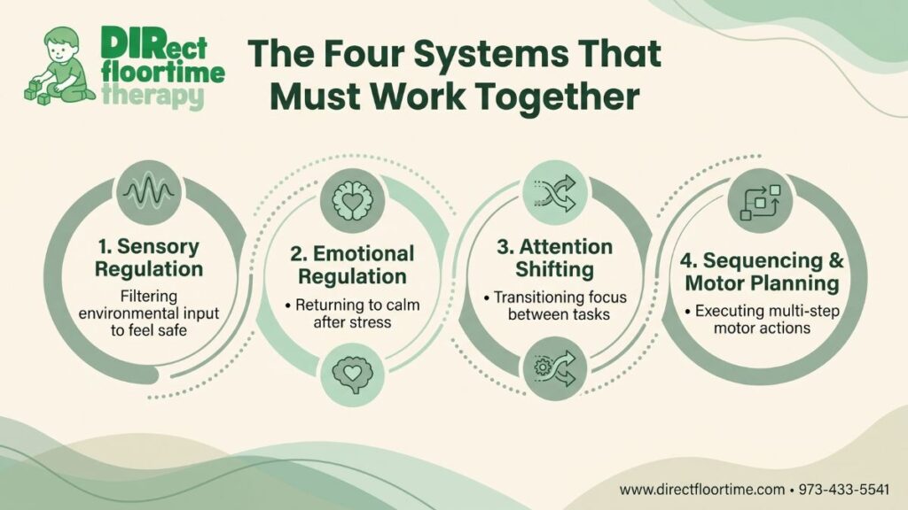 four interconnected circles labelled Sensory Regulation, Emotional Regulation, Attention Shifting, Sequencing—clean, branded design. 