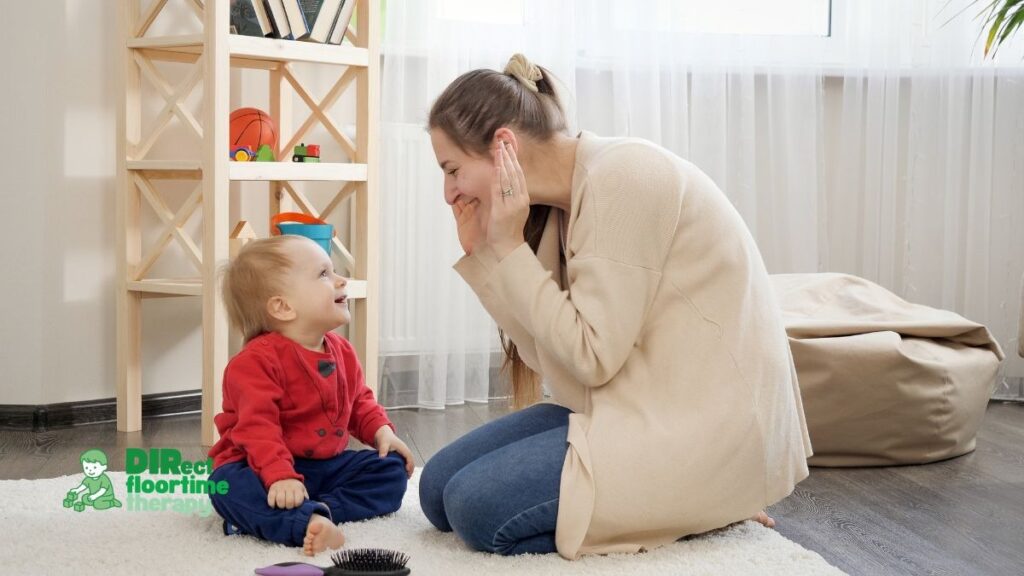 therapist or parent and child engaged in floor-based play, warm and calm environment. Should feel professional but approachable. 