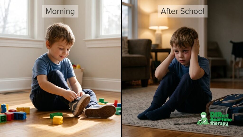 Split scene showing same child at two different times of day. Morning: calm, engaged, transitioning smoothly. After school: overwhelmed, dysregulated. Illustrates how nervous system state changes across the day.