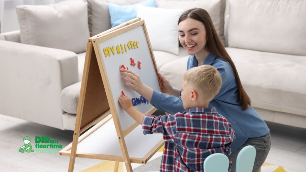 Simple, colourful visual schedule mounted on a wall or fridge at a child's eye level. Parent and child looking at it together, child pointing to a picture. Warm, organised home setting.